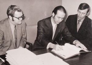 Bowhunter Magazine was born in early 1971 when my partners and I signed incorporation papers for Blue-J, Inc., Publishers. Here I'm inking the document as Don Clark and Bob Schisler look on.