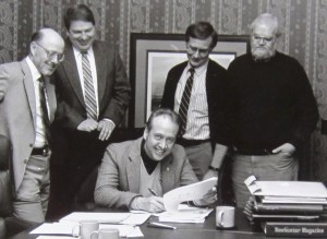 Here I'm signing the paperwork marking the 1988 sale of Bowhunter as my partners look on. Standing, from left, are Steve Doucette, Fred Wallace, Bob Schisler, and Don Clark. I continued my editorial direction of the magazine until retiring at the end of 2006.